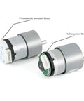 Image showing DC 12V Reduction Gear Motor Featuring Optical Encoder For Dead On Precision Tuning And 20 To 1 Ratio, two types shown.