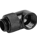 Close-up of black G1/4 inch male-to-female 90-degree rotary PC water-cooling extender fitting