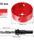 Two-piece hole saw set: red 4-inch hole saw and black bi-metal drill bit with spring