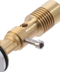Close-up of brass Bunsen burner nozzle for lab use, showcasing one-hand operation and adjustable gas and air controls.