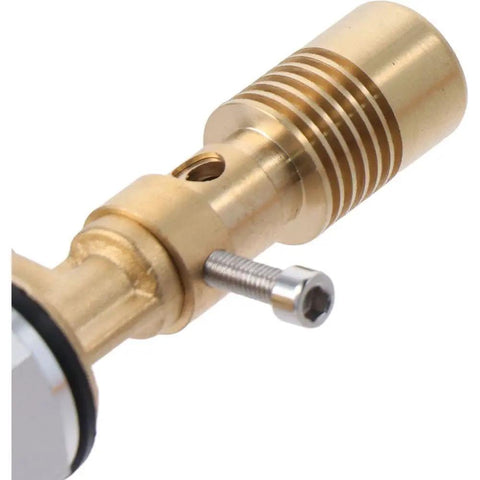 Close-up of brass Bunsen burner nozzle for lab use, showcasing one-hand operation and adjustable gas and air controls.
