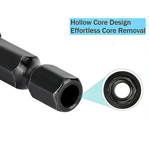 Close-up of hollow core design in Four Piece Diy Woodworking Countersink Drill Bit Set with One Quarter Inch Hex Shank and L Wrench.