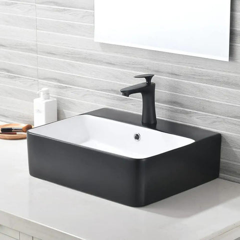Matte Black Vessel Sink And Faucet Combo For Modern Bathrooms 18x16 Inch Rectangular Above Counter Porcelain Ceramic Vanity Sink With Dual Faucets Pop Up Drain And Water Lines