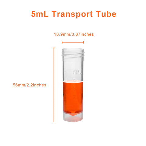 5ml transparent plastic graduated test tube with screw cap; orange liquid inside; front view.