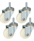 Workhorse 50mm Nylon Swivel Caster Wheels With M12 Thread Stem And Secure Safety Brake For Smoothly Rolling Office Desks Or Heavy Utility Worktables Slick Design Built Last - Four caster wheels in a set, featuring a white nylon wheel and metal stem.