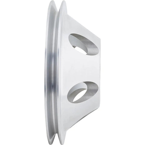 Side view of Beefy Lightweight Aluminum Pulley Set For Long Water Pump With 1 Groove Upper And 2 Groove Lower V Belt Design For 1969 To 1985 SBC