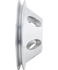 Side view of Beefy Lightweight Aluminum Pulley Set For Long Water Pump With 1 Groove Upper And 2 Groove Lower V Belt Design