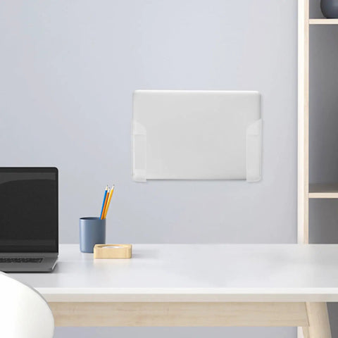 Heavy Duty Clear Acrylic Under Desk Laptop Holder Mount With Reliable Adhesive And Screws Wall Mounted Bracket on wall above desk.