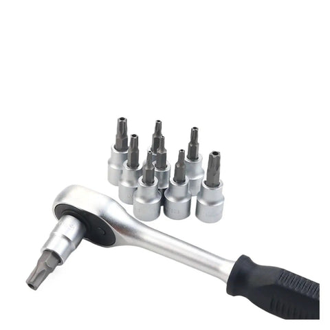 Top Notch 9pc Torx Screwdriver Bit Socket Set T10 To T50 Plus Pentalobe Star Bits For Heavy Duty Car And Gear Repair With Durable Cr-v Steel Construction And Super Strong Grip That Gets The Job Done Smoothly. ratchet wrench with Torx bit sockets