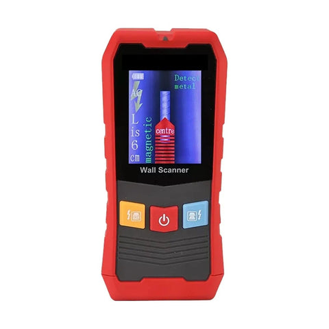Sleek wireless stud finder and wall scanner with LCD display, red housing for fast detection of hidden pipes, cables, and vents.