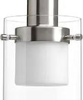 Moderna One-Light LED Mini Pendant In Brushed Nickel With Clear Outer Glass And Inner Etched White Glass Shade