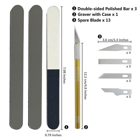 Gundam Model Tool Kit Dope 17 Piece Set with double-sided bars, graver with case, and spare blades for plastic model kits.