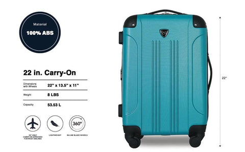 Front view of teal 22-inch Travelers Club Chicago hardside spinner luggage with ABS material