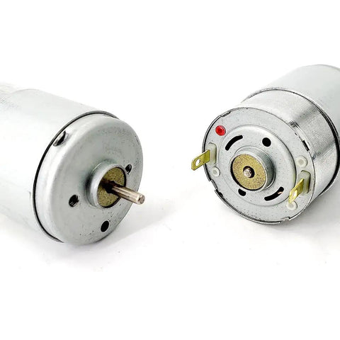 RS-385 Beast High Speed DC Motor 6V-24V 11000RPM showing front and back view with carbon brush design and metallic finish.