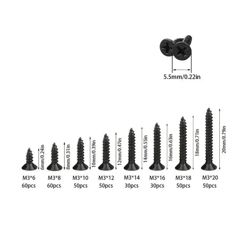 380 Pieces Black Self Tapping Screws Set In Carbon Steel With Flat Head, various sizes in mm, corrosion resistant.
