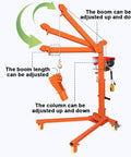 Heavy Duty Electric Hoist Crane showing adjustable boom and column, designed for lifting 1100 lb loads in garages and shops.