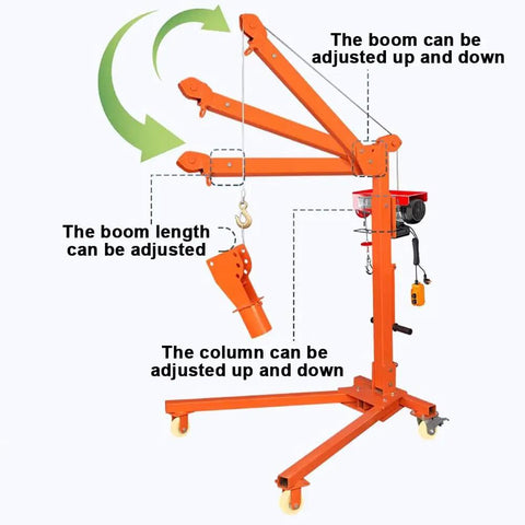 Heavy Duty Electric Hoist Crane With Slick Foldable Rolling Cart For Garage And Shop Use with adjustable boom and column.