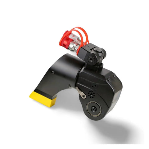 Tank Tough Hydraulic Torque Wrench MDW 3 Lightweight Aluminum Alloy Frame With Full Rotation Swivel Couplings Quick Swap Square And Hex Adapters showing angular view with yellow base and red connection.