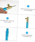 Close-up of Beginner Friendly Embroidery Hook Needle Set with Non Slip Metal Handle, ergonomic design and blue metal finish.