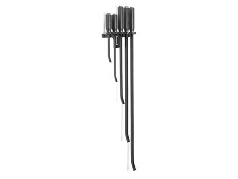 Angled End Handled Pry Bar Set With Wall Hanger Five Piece Heavy Duty Prying Kit With 12, 17, 25, 36 And 45 Inch Bars displayed vertically.