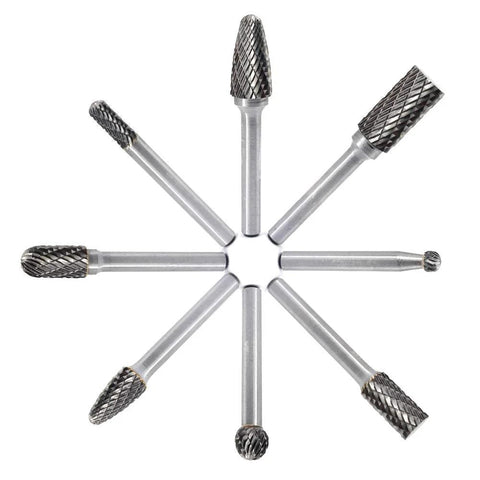 Carbide burr set, 8 pcs, 1/4 in shanks, double-cut; top view for die grinder