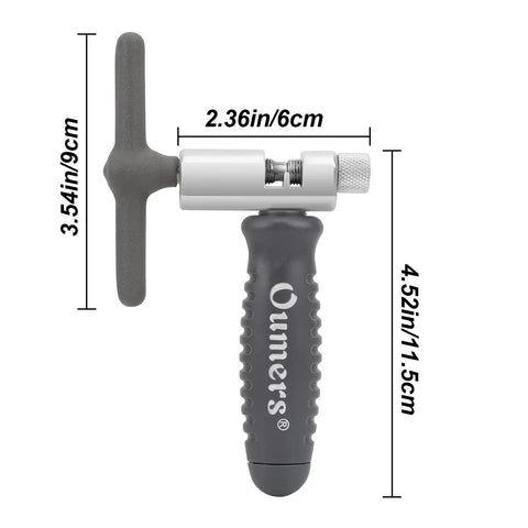 Bike Chain Breaker Tool Universal For 7 To 11 Speed Chains Chain Splitter, compact gray handle, size dimensions labeled