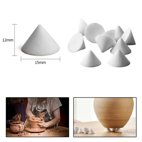 Close-up view of white cone kiln nails, 12mm tall with 15mm base; 50-piece ceramic refractory kiln supports for pottery
