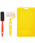 No Sweat Home Painting Kit Featuring Quick Coverage Sponge Rollers Combined With Versatile Bristle Brushes Designed For Smooth Wall Application And Relaxed Weekend Renovations, includes sponge roller, bristle brush, and yellow basin.