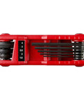 Folding Hex Key Set, 17 Keys, SAE And Metric, Built Tough With All Metal Construction, heat treated, red raised key rack view.