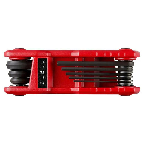 Folding Hex Key Set, 17 Keys, SAE And Metric, Built Tough With All Metal Construction, heat treated, red raised key rack view.