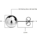 925 Sterling Silver 18K Gold Plated Ball Stud Earrings Unisex For Women And Men White 14mm Diameter With Easy Friction Back Post Jewelry Hypoallergenic Comfort Fit Earrings Perfect For Everyday Wear Gift Ready, side view with 14mm ball