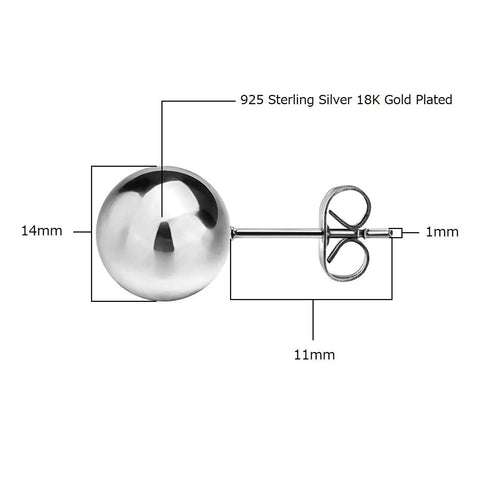 925 Sterling Silver 18K Gold Plated Ball Stud Earrings Unisex For Women And Men White 14mm Diameter With Easy Friction Back Post Jewelry Hypoallergenic Comfort Fit Earrings Perfect For Everyday Wear Gift Ready, side view with 14mm ball