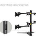 Level Up Your Rig With This Top Shelf Desktop Freestanding Six Screen Monitor Stand featuring cable management and adjustable arms.