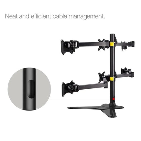 Level Up Your Rig With This Top Shelf Desktop Freestanding Six Screen Monitor Stand featuring cable management and adjustable arms.