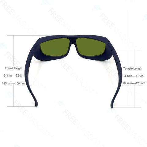 Hardcore Pro Grade Laser Safety Glasses Offering Genuinely Legit OD Eight Plus Protection Over UV And IR Spectrums, front view with dimensions.