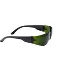 Top Shelf Lightweight Safety Glasses Featuring Ir Shade Five Lens For Cutting Or Brazing Tools Ultra Durable Construction Dang Comfortable Fit Zero Slippage Guarantee Hella Clear Vision Slick Black Frame side view with green tint lenses.