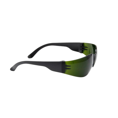 Top Shelf Lightweight Safety Glasses Featuring Ir Shade Five Lens For Cutting Or Brazing Tools Ultra Durable Construction Dang Comfortable Fit Zero Slippage Guarantee Hella Clear Vision Slick Black Frame side view with green tint lenses.