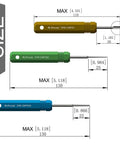 Diagram of pin removal tools from Two Piece Tool Bundle With ST5211 Pin Removal Kit, showing sizes and dimensions.