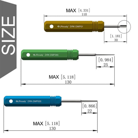 Diagram of pin removal tools from Two Piece Tool Bundle With ST5211 Pin Removal Kit, showing sizes and dimensions.