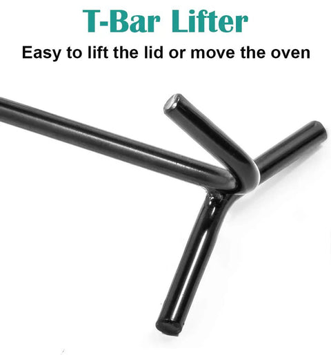 Cast Iron Dutch Oven Lid Lifter And Folding Lid Stand for Camping heavy duty steel trivet black T-bar lifter close-up