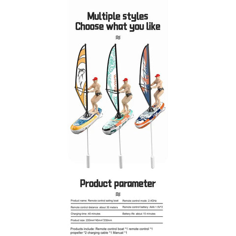 RC Sailboard Surfing Boat With Animated Surfer, 2.4G Remote Control, LED Lights, Never-Flip Design, Rad For Pools, Lakes And Bathtubs