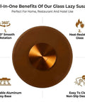 Brown Tempered Glass Lazy Susan Turntable With Heavy Duty Build And Swivel Assist System, Silent 360 Degree Spin For Family Gatherings Banquets Weddings Dinners And Parties; top view with features list