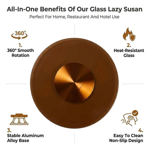 Brown Tempered Glass Lazy Susan Turntable With Heavy Duty Build And Swivel Assist System, Silent 360 Degree Spin For Family Gatherings Banquets Weddings Dinners And Parties; top view with features list