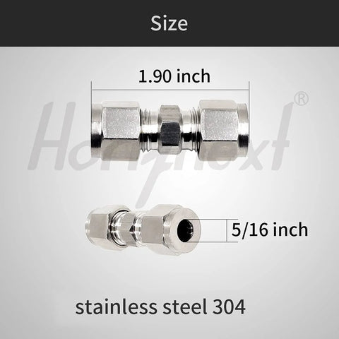Horiznext stainless steel 304 compression fitting for 5/16 inch tubing; side and close-up views