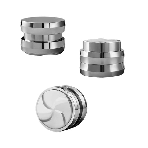 Next Level 58.5Mm Espresso Distribution Tool And Coffee Leveler Crafted From Durable 304 Stainless Steel, three angles displayed.
