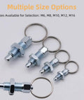 Four Pack Beefy Carbon Steel Indexing Plungers Featuring Retractable Spring Loaded Pull Rings M10 Thread Quick Detent Pins in multiple sizes.
