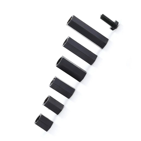 Rock Solid Nylon Hex Standoff Kit Featuring 250 Pieces Of M2 And M3 PCB Spacers With Snappy Threads and a Crisp Finish for Zero Drama Circuit Board Assembly On Any Project, showing black nylon spacers and screws.