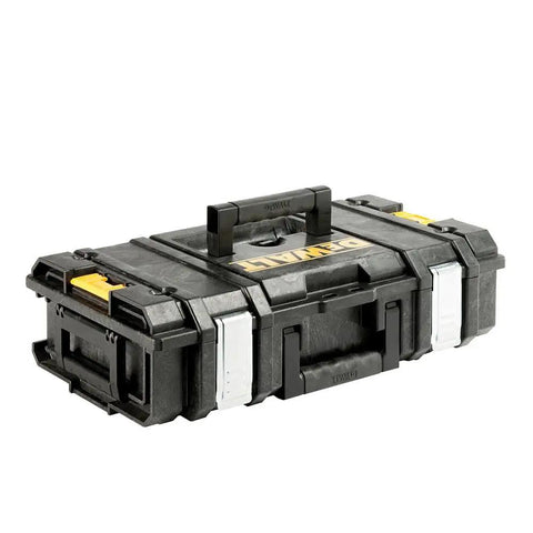 Tough System Tool Storage Organizer With Clear Polycarbonate Lid, Beefy Build, Foam Walls, 4 Large And 8 Small Removable Cups, Weatherproof Design For Keeping Gear Neat And Ready shown closed with handle.