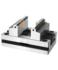 Precision Self Centering Bench Vice For Four And Five Axis Machining Centers showing auto-centering jaws mounted on a sturdy base.