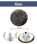 80 Piece Jeans Button Kit With 17mm Metal Snaps In 8 Styles Replacement Set shown with measurements